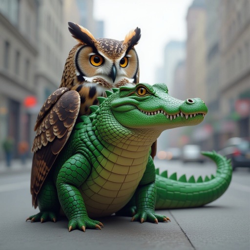 Crocodile with owl body in city