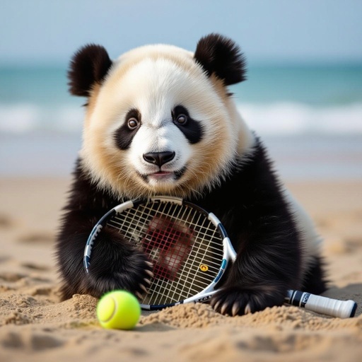 A panda in a tennis racket on te beach