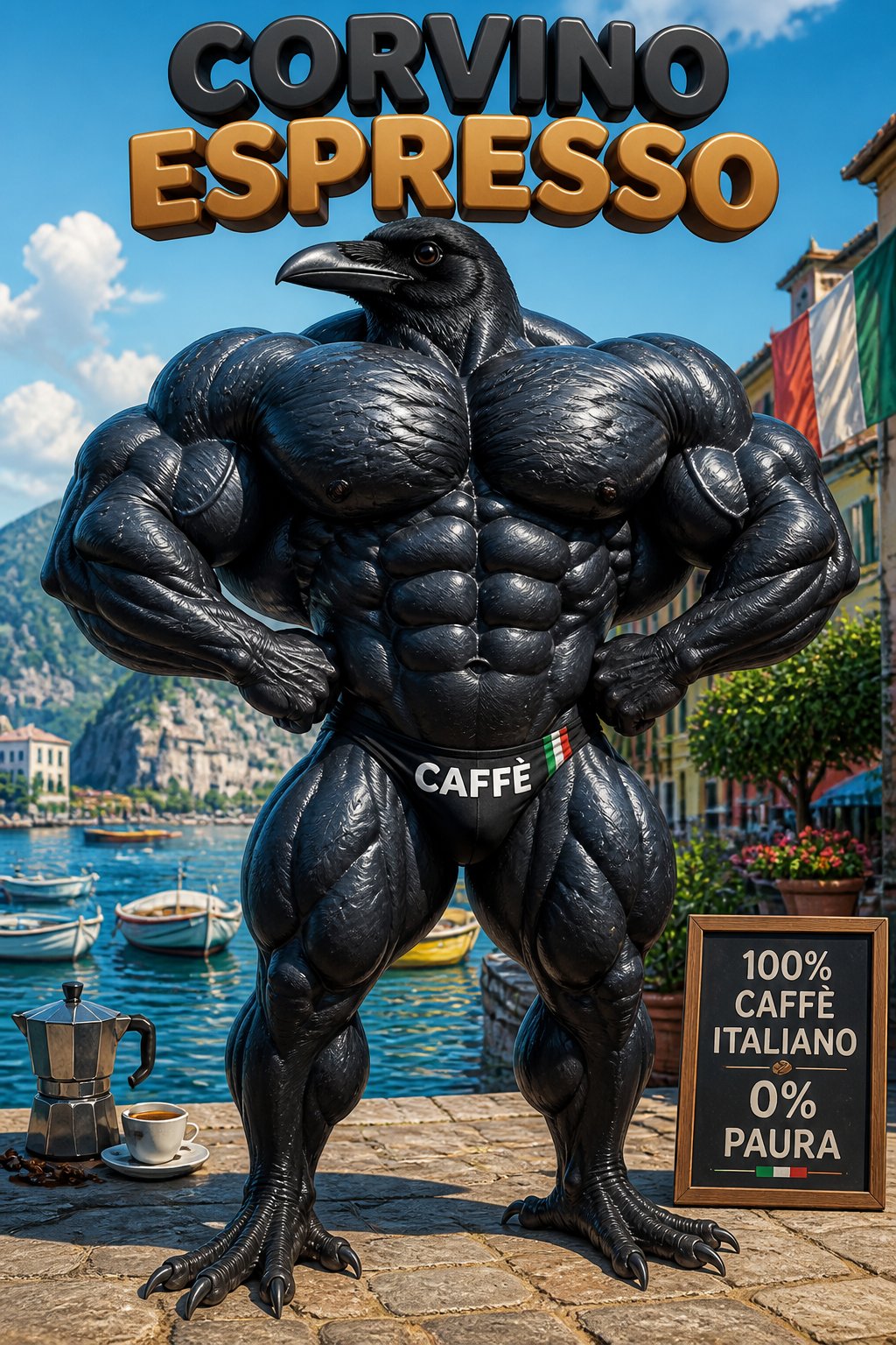 Muscular black bird character posing by a sunny waterfront with colorful text.