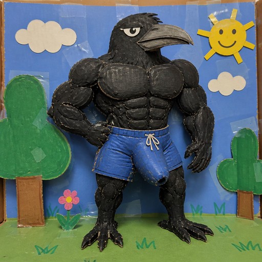 Muscular cartoon crow wearing blue shorts in a colorful outdoor scene