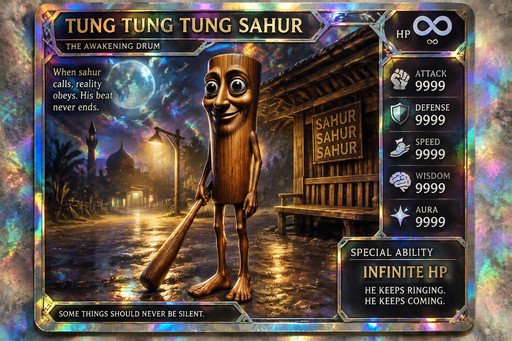 Animated wooden character on a glowing fantasy trading card with game stats and text overlays