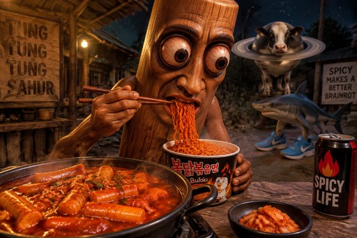Surreal 3D cartoon character eating spicy noodles beside a pan of red food.