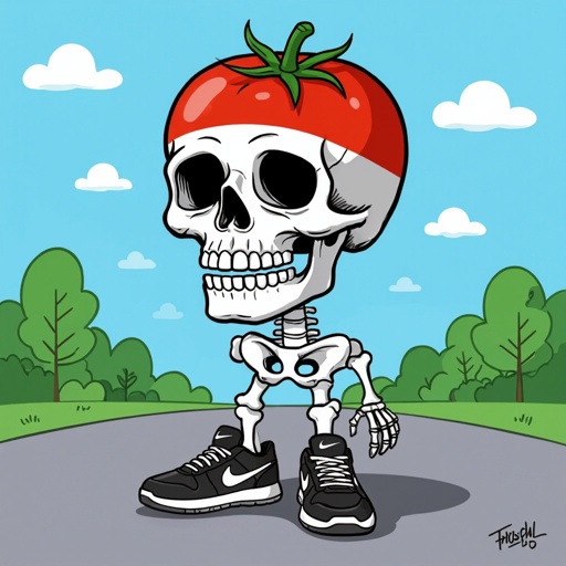 Uma caveira com cabeça de tomate, com corpo de osso e com tênis da Nike