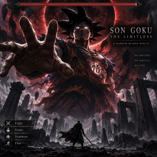 Dark anime-style warrior reaching forward above a ruined city, with red and black tones.