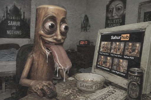 Surreal sepia-toned creature beside a computer displaying a dark meme webpage