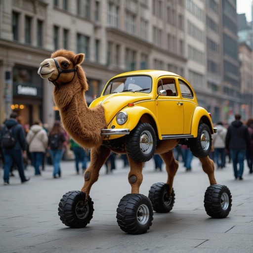 Camel with Volkswagen Beetle body 6 camel leg in city