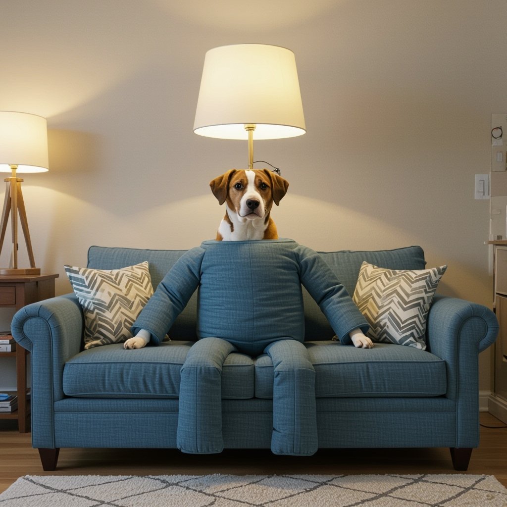 Un cane che al posto del busto ha una lampada e come braccia e gambe ha dei divani