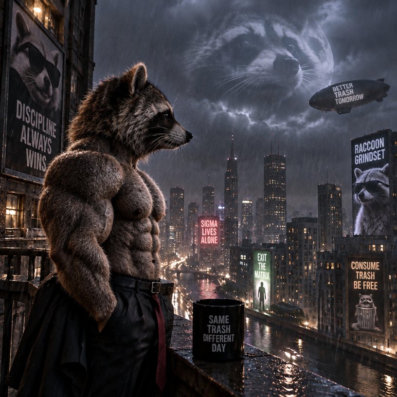 Anthropomorphic raccoon surveys a rainy neon city beneath a swirling storm cloud.