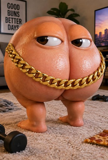 Surreal 3D-rendered orange character wearing a gold chain in a room