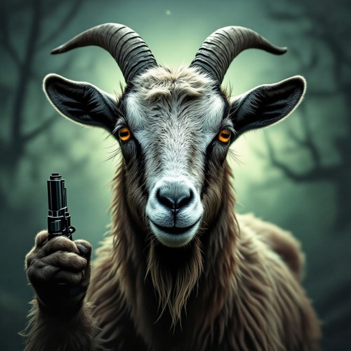 una capra con testa di revolver e che fa il dito medio
