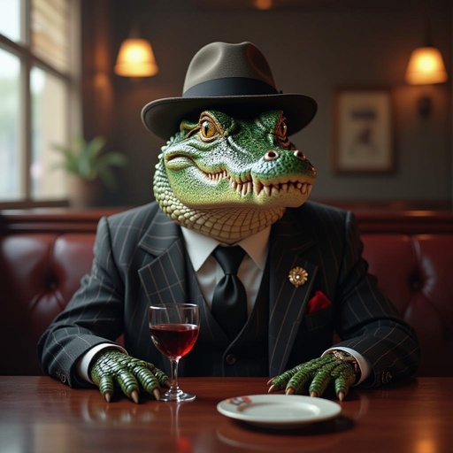 Un coccodrillo che indossa un outfit da gangster gentile in cita