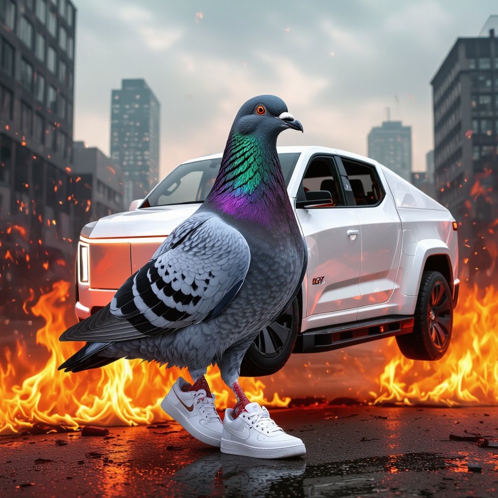 Pigeon with cyber truck  body wear 2 white shoes in city on fire