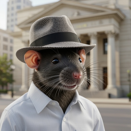 un ratto con un assalto un cappello Fedora e una camicia elegante e come sfondo una banca