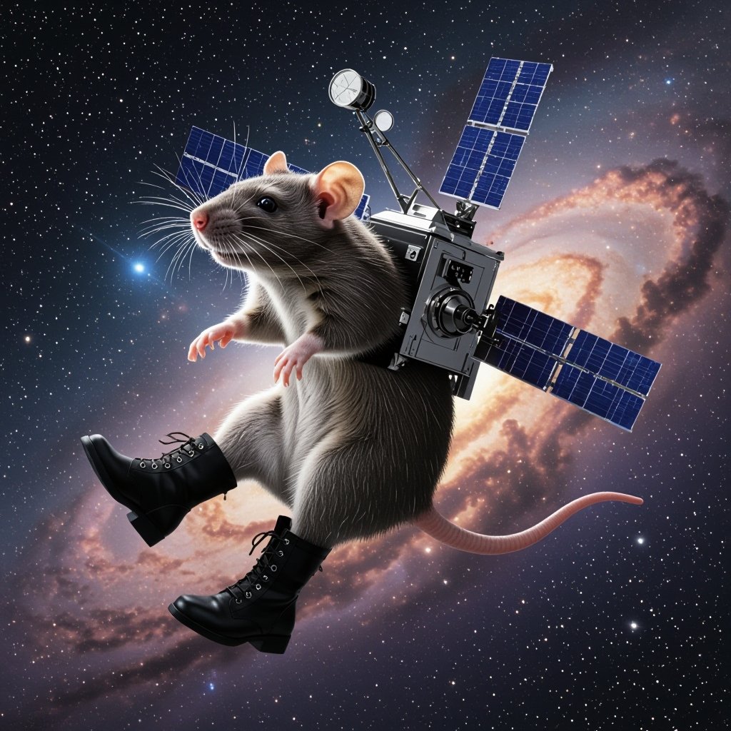 Rat with satellite body 2 rat leg wear black boots in space