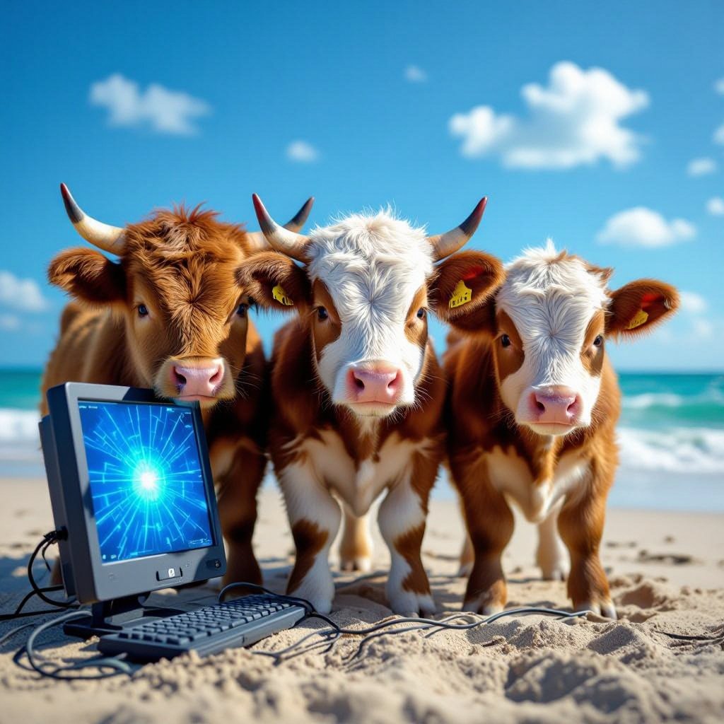 3 baby bulls mixed with a computer at the beach