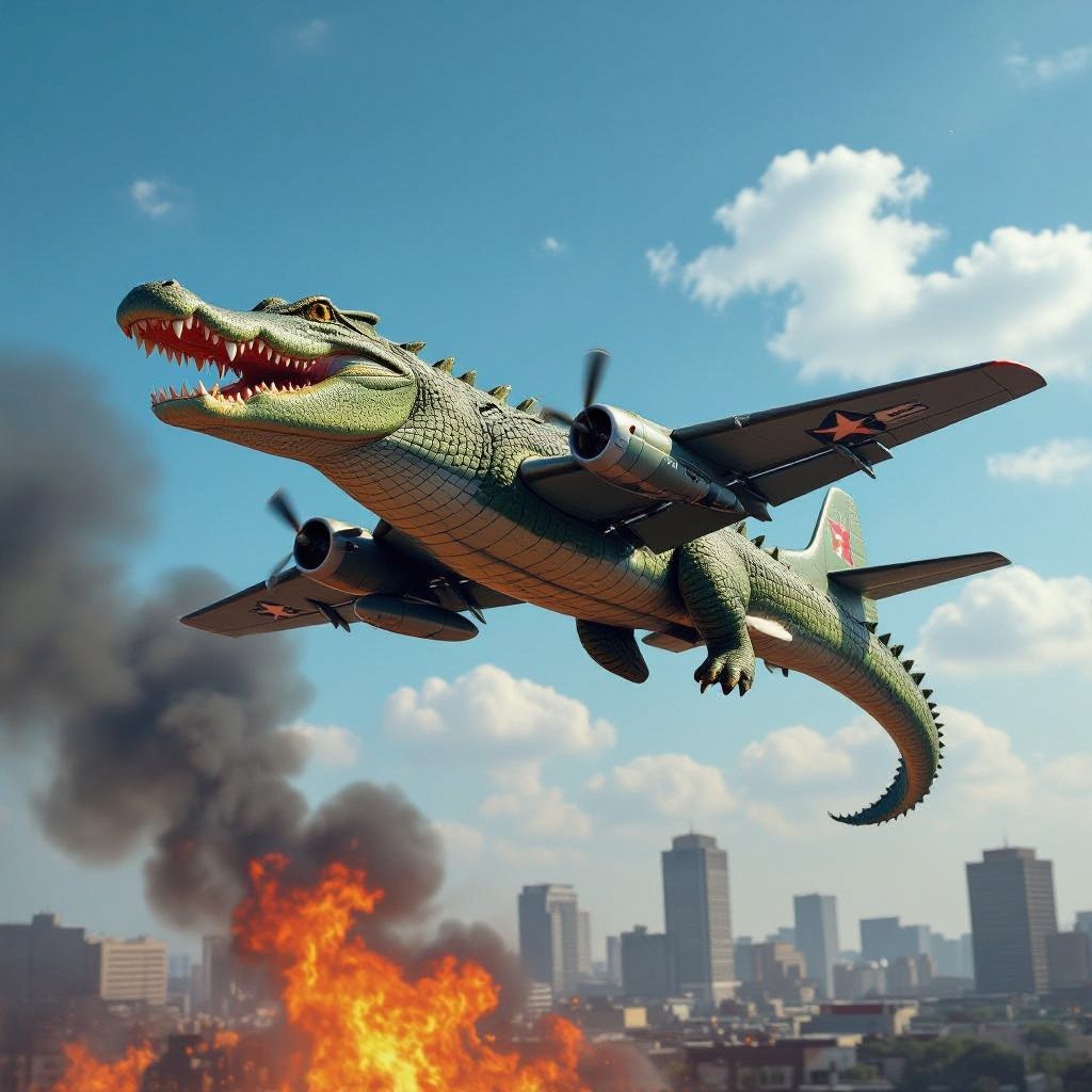 Crocodile with bomber plane body in sky and city on fire