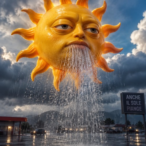 Surreal orange sun face rains over a highway beneath storm clouds, meme style