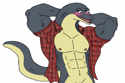 Cartoon lizard-like character flexing in an open red plaid shirt.