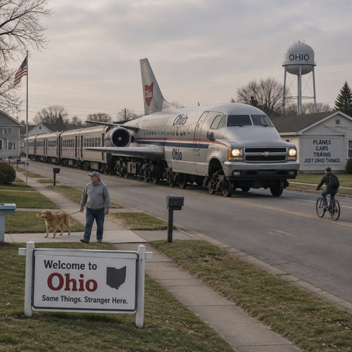 Airplane mounted on a truck drives past an Ohio welcome sign, cyclist nearby