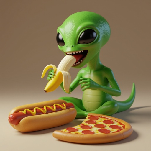 A alien eating a banana eating a hotdog eating a pizza