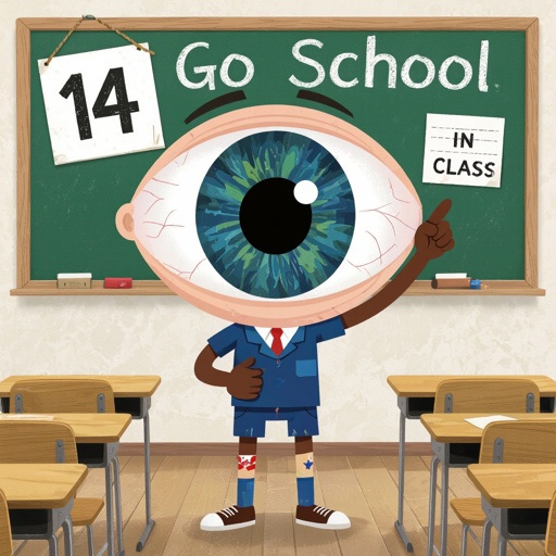 14 2 human eye mouth 2 brown arm 2 brown leg with sign say 14 go school in class