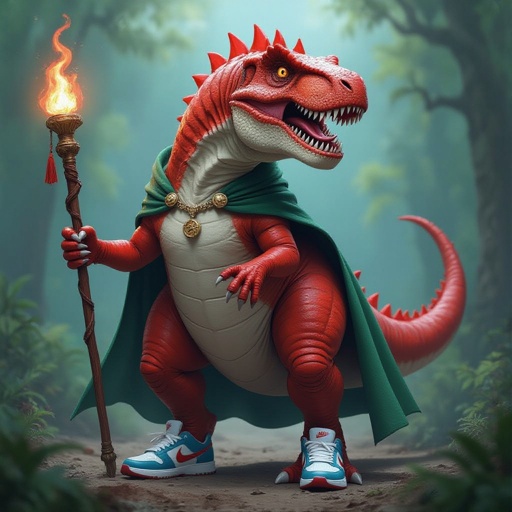 T-rex rosso con il corpo di uno squalo con tre scarpe Nike e un bastone magico mantello verde