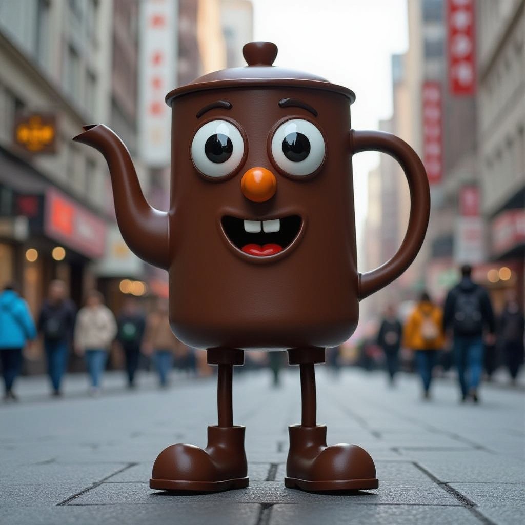 Brown kettle with 2 human leg 1 human hand 2 big eye 1 brown nose and mouth in city