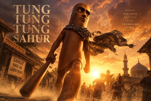 A towering figure strides through an orange sunset city beneath repeated “Tung Tung Tung Sahur” text.