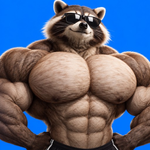Muscular raccoon wearing sunglasses against a bright blue background.