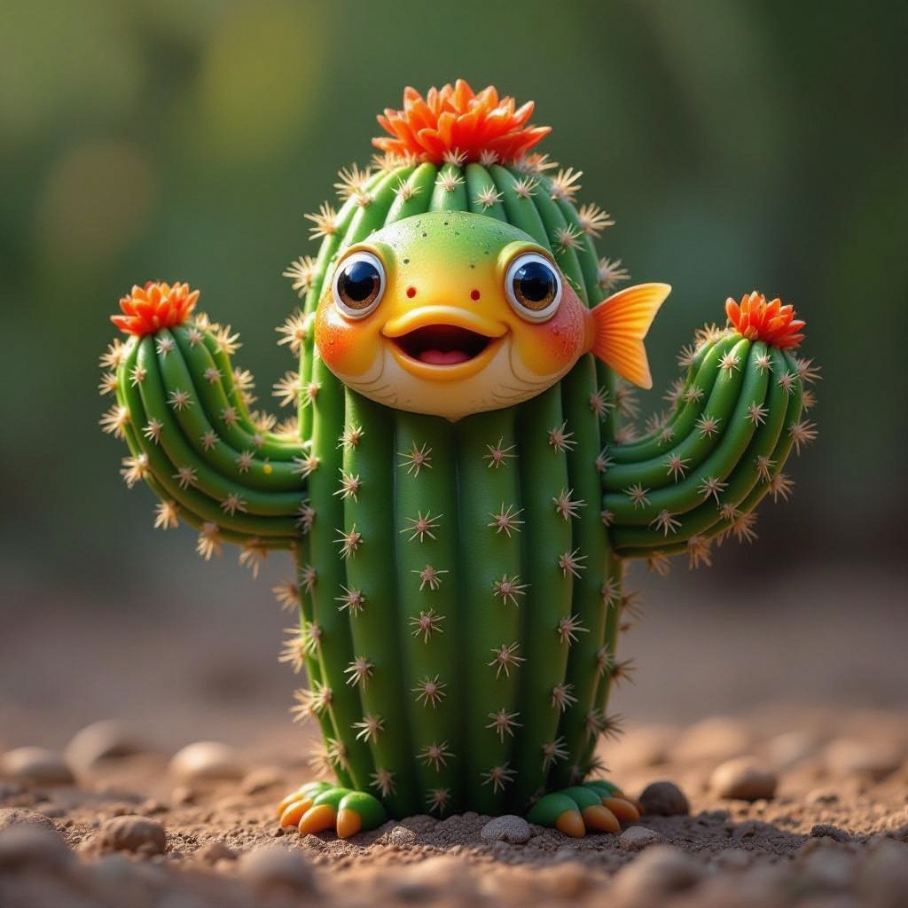 Un cactus con la faccia di un pesce con mani