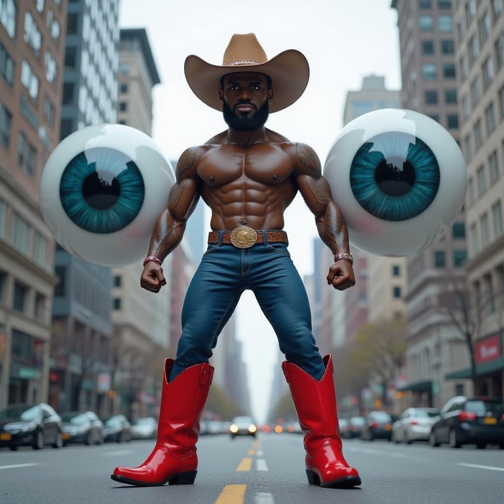 A LeBron James T-posing, giant eyeballs, wearing red boots, at a city, wearing a cowboy hat