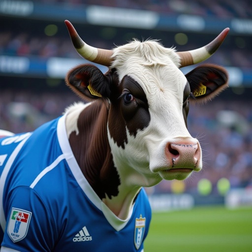 Una mucca muscolosa allo stadio con la maglia della Lazio