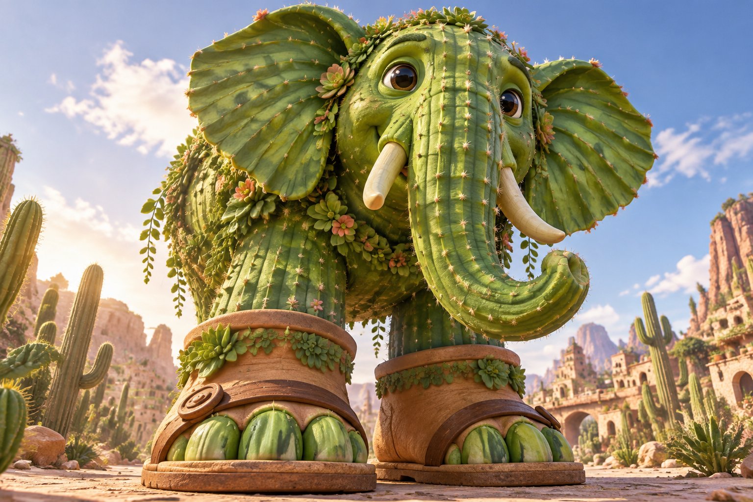 Cartoon elephant-faced creature wearing boots in a colorful desert landscape