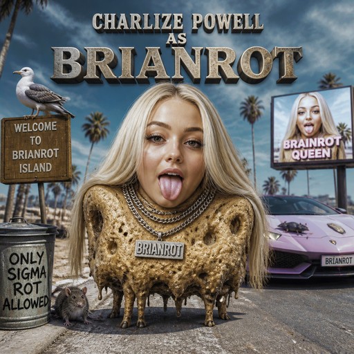 Surreal brainrot parody with a person, sheep, palm trees, and colorful signs.
