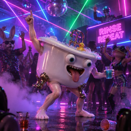 A dancing cartoon toilet at a neon-lit disco party with lasers and fog