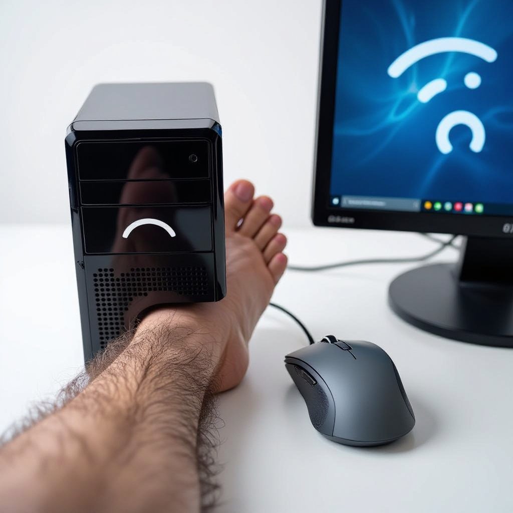 A computer and a computer mouse next to each other with very hairy human legs and a frown