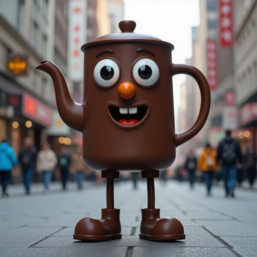 Brown kettle with 2 human leg 1 human hand 2 big eye 1 brown nose and mouth in city