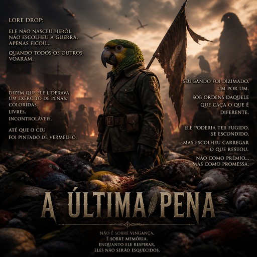 Fantasy-style armored person among rocks with Portuguese text and dramatic mountains.