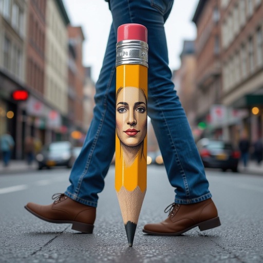 Pencil with human face 2 human foot in city