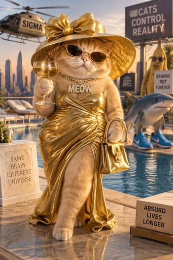 Anthropomorphic cat in gold costume and hat posing beside water with humorous signs.