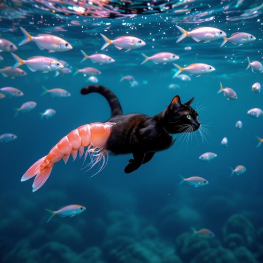 Cat with shrimp body in ocean