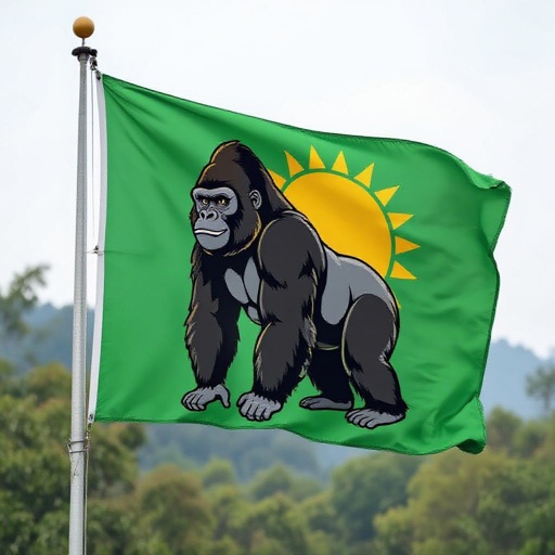 黄色いゴリラと太陽が描かれた緑色の背景の旗