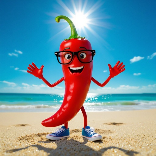 Chili pepper with human face 2 red leg 2 red arm wear blue shoes with wear glasses in beach