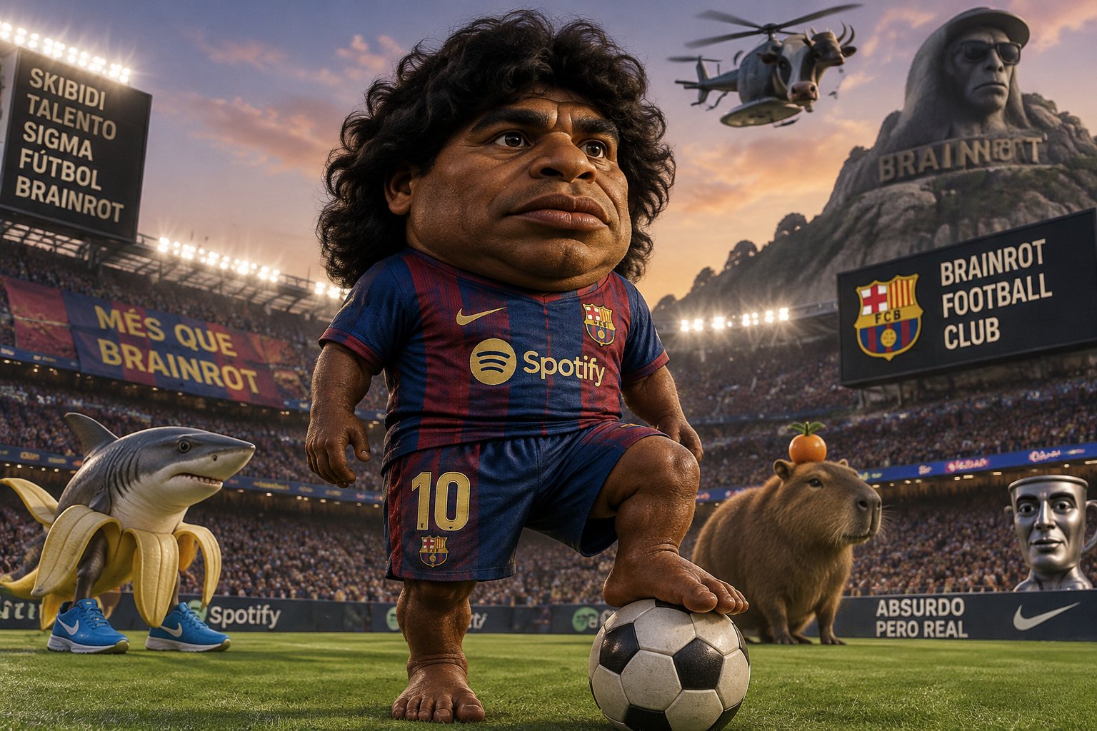 Surreal football stadium scene with a player, soccer ball, and oversized animal mascots in a collage style