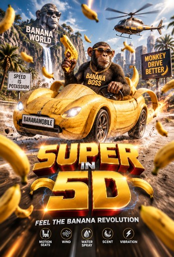 Bright yellow sports car with banana-themed text, helicopters, and bold comic-style graphics