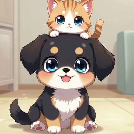 Put a baby Dog and a baby cat on top of the baby dog