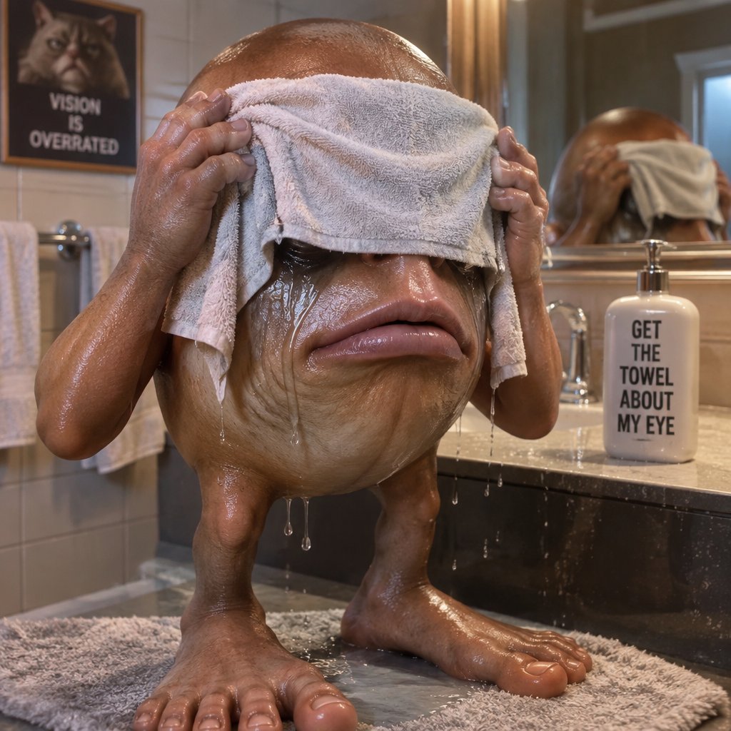 Surreal muscular creature wipes its face with a towel in a bathroom, muted colors, meme style.