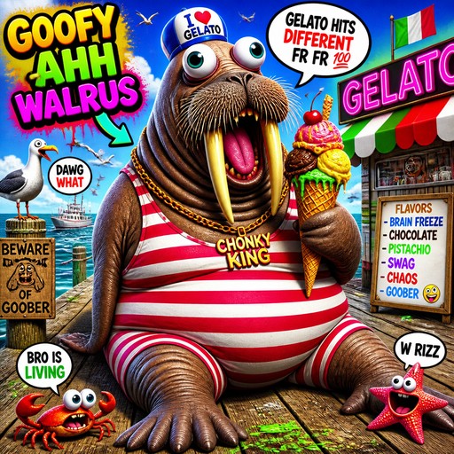 Cartoon walrus in striped shirt holding ice cream cones beside colorful beachside signs