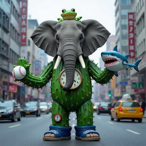 Elephant with cactus body with tire with frog head and shark head with human head 1 human arm with baseball 1 shark leg and human leg wear blue shoes and sandals with clock in city