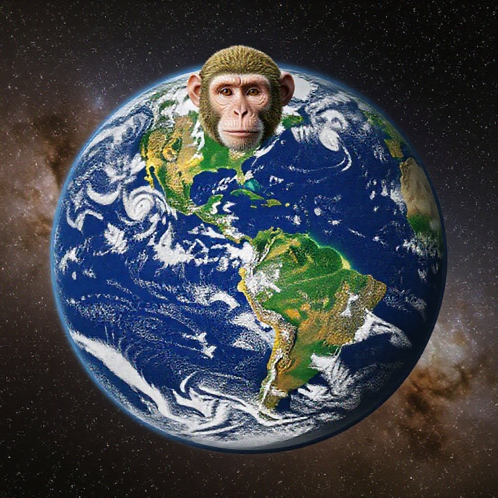 A monkey as an earth showing its whole body and in the space